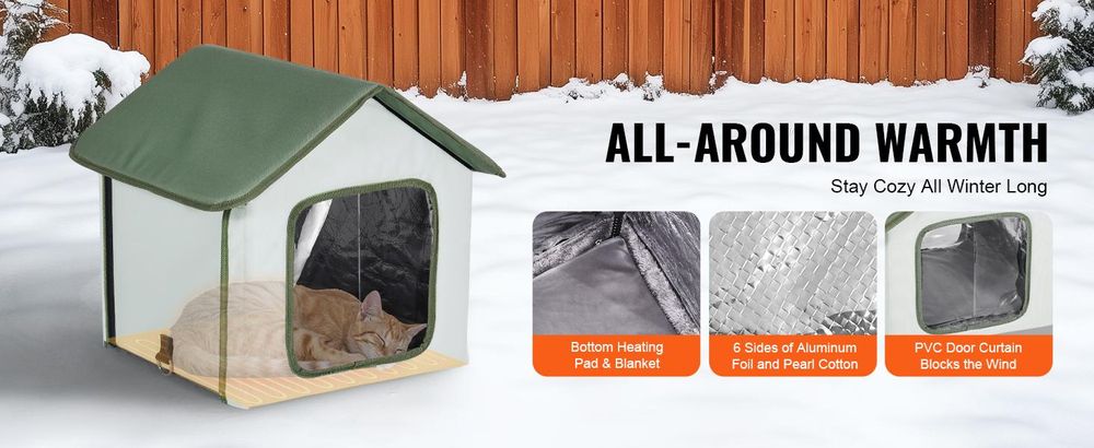 VEVOR Beheiztes Katzenhaus, Außenshelter für Katzen mit einstellbarer Temperatur und Timer, faltbares Katzenhaus aus 600D Oxford-Stoff mit beheiztem Pad für den Winter, um warm und gemütlich zu bleiben, Grün (Mittel), Grün-35x34x40 cm