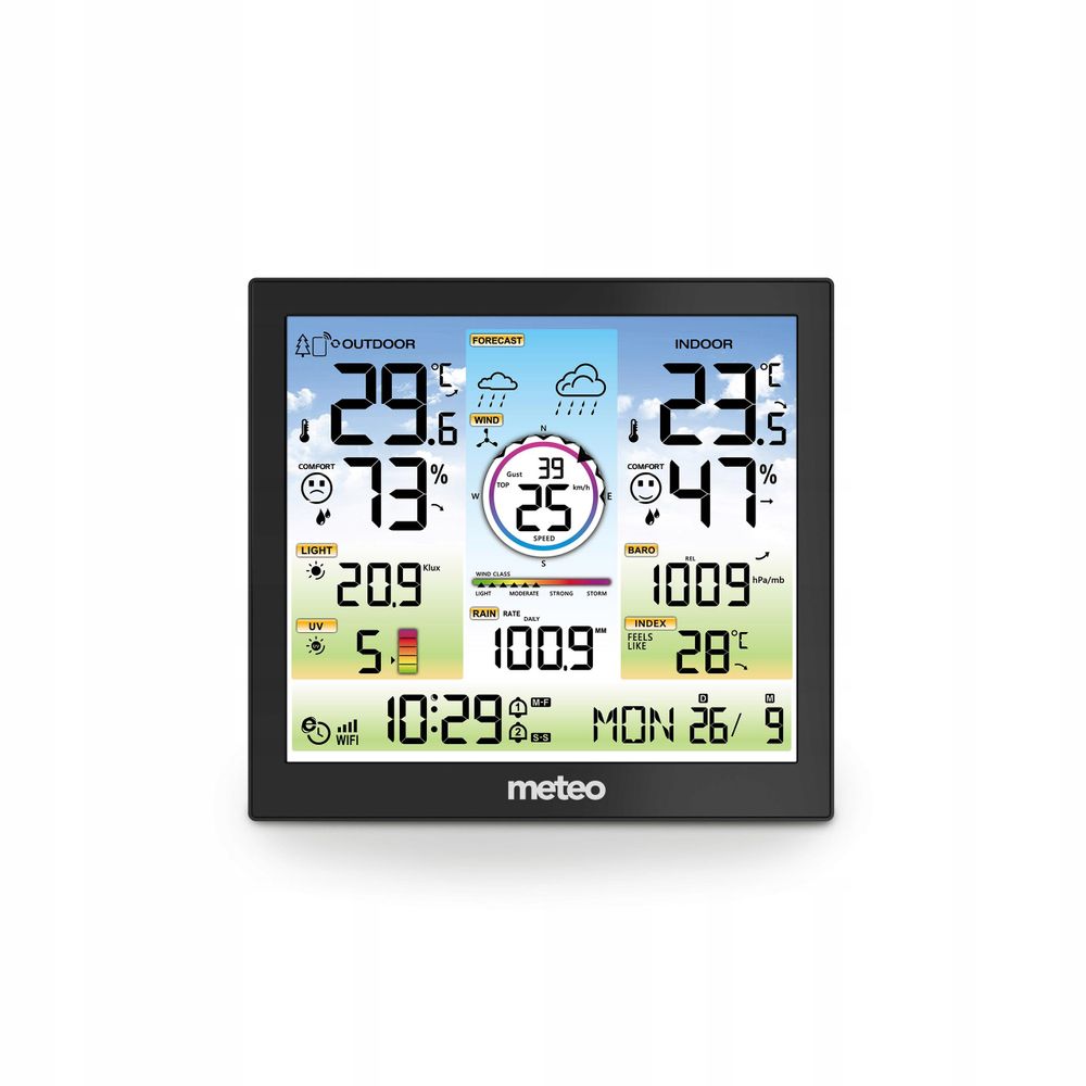 Display der METEO SP601 mit Wetter- und Komfortanzeigen