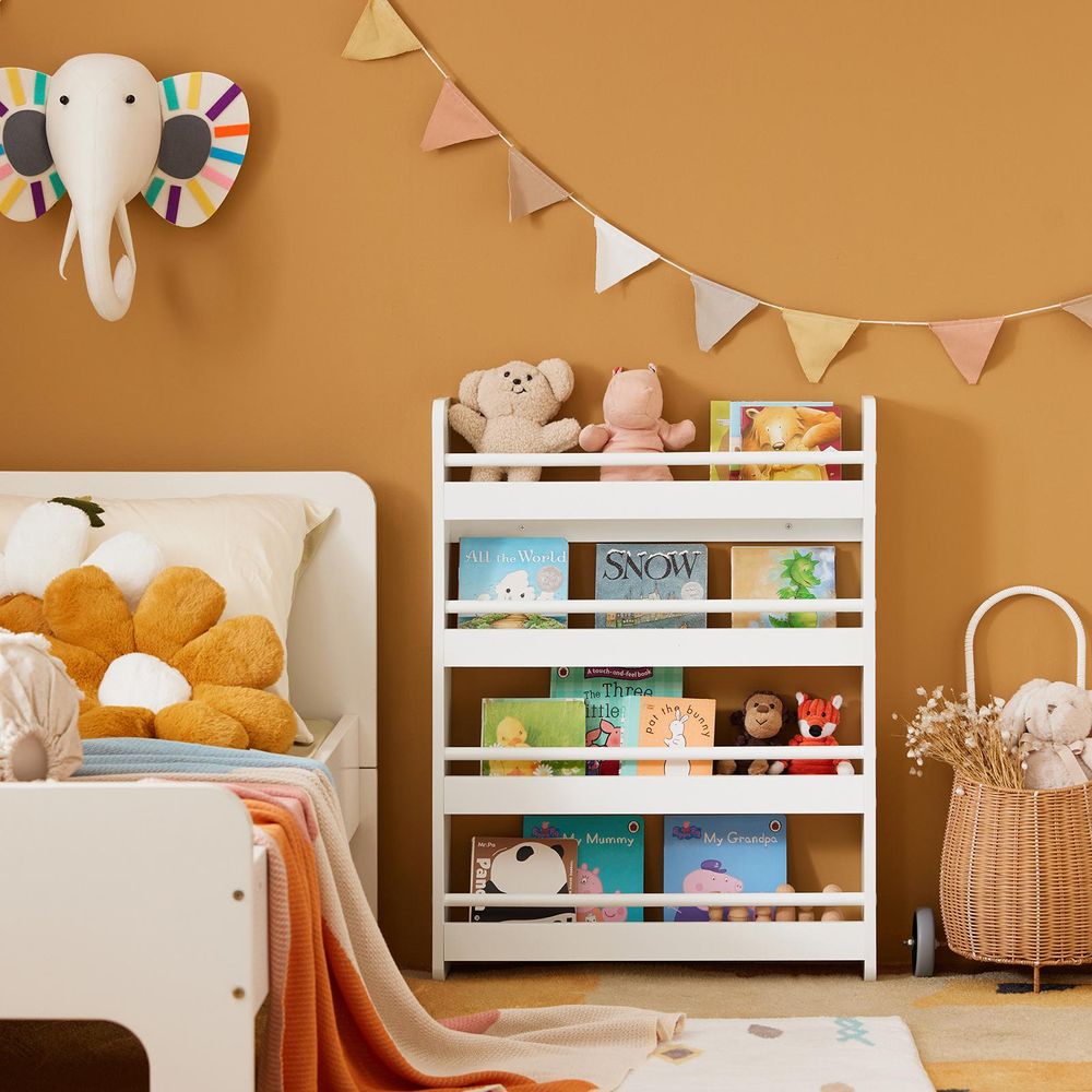 SoBuy Kinderregal Bücherregal für Kinder Wandregal Hängeregal Aufbewahrungsregal mit 4 Ablagen für Bücher und Deko weiß BHT ca.: 60x80x12cm KMB08-K-W