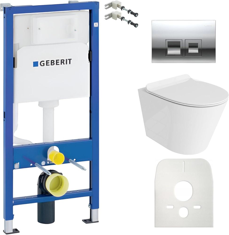 DOMINO Geberit Duofix Basic Vorwandelement + Wand-WC Tiefspül Galve Becken Weiß Spülrandlos + Bedienplatte Delta 25 für Doppelspülung | Komplett Set
