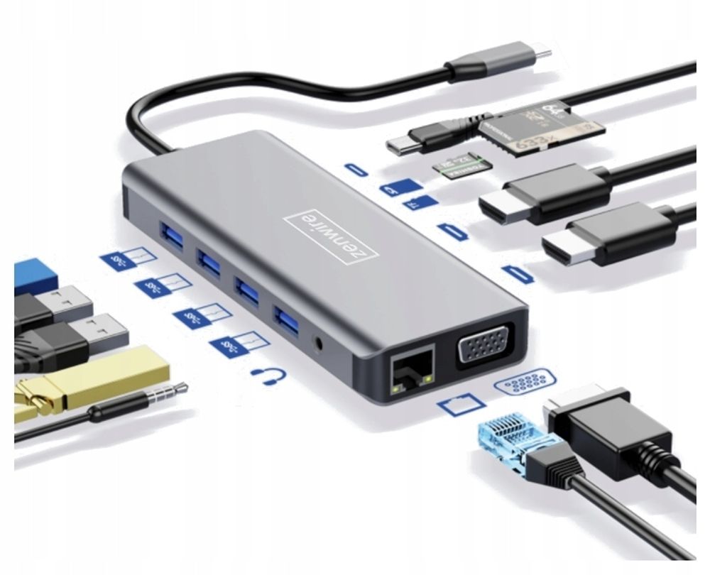 Adapter - 12-in-1 USB-C Hub - 2x HDMI - VGA - USB 3.0 - Gigabit Ethernet - SD - LAN - Audio - fur Windows