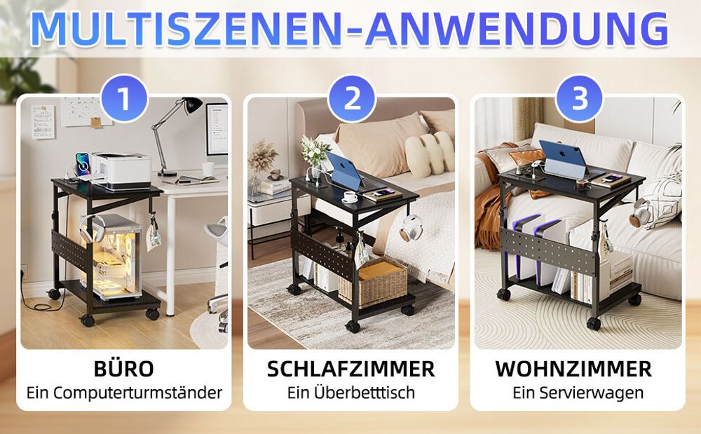 Höhenverstellbarer Computer Tower Ständer, Gehäuse CPU Halter PC Ständer mit Rollen&Ladestation, PC Wagen Drucker Cart, Laptoptisch Beistelltisch