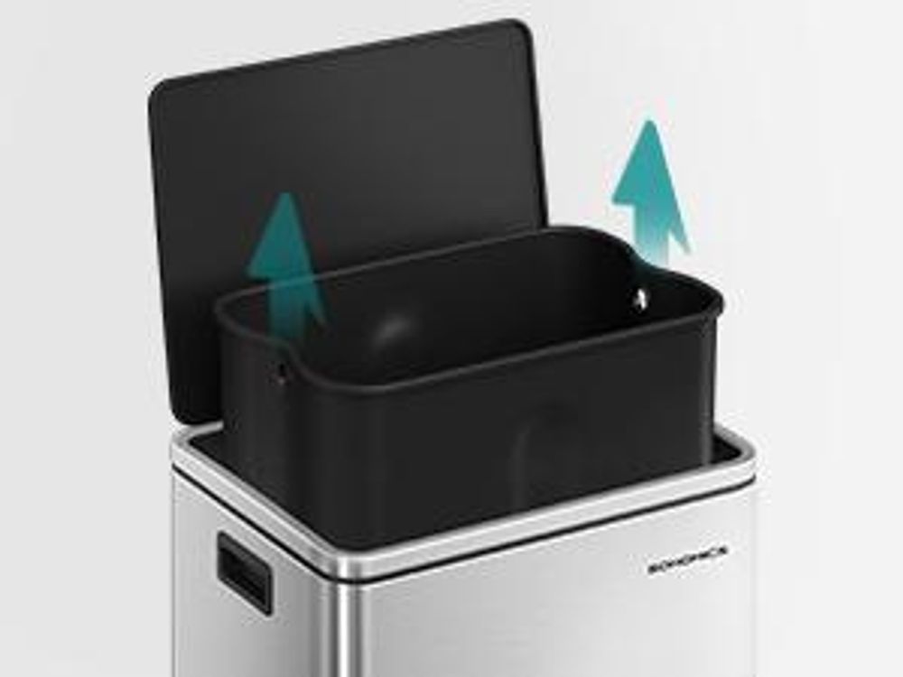 SONGMICS Mülleimer 50 L, 15 Müllsäcke, Edelstahl, herausnehmbarer Inneneimer aus Kunststoff, mit Deckel, Griffe, Softclose, silbern