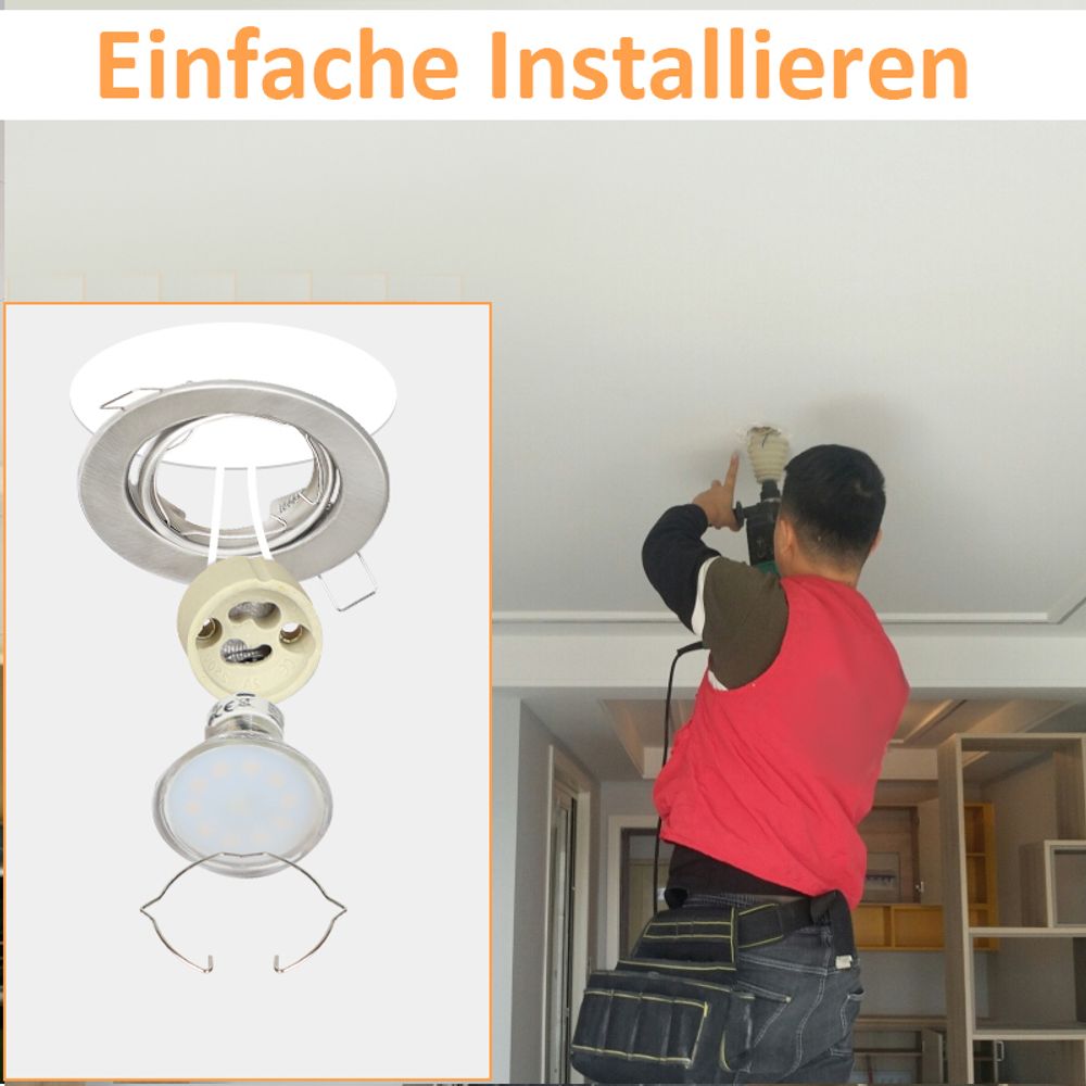 ZMH 12er set Einbaustrahler GU10 Fassungen Lochdurchmesser 50mm mit Sockel in Edelstahl Einbauleuchte Rahmen Einbauspots Schwenkbar 30° Spot für LED Leuchtmittel Halogen
