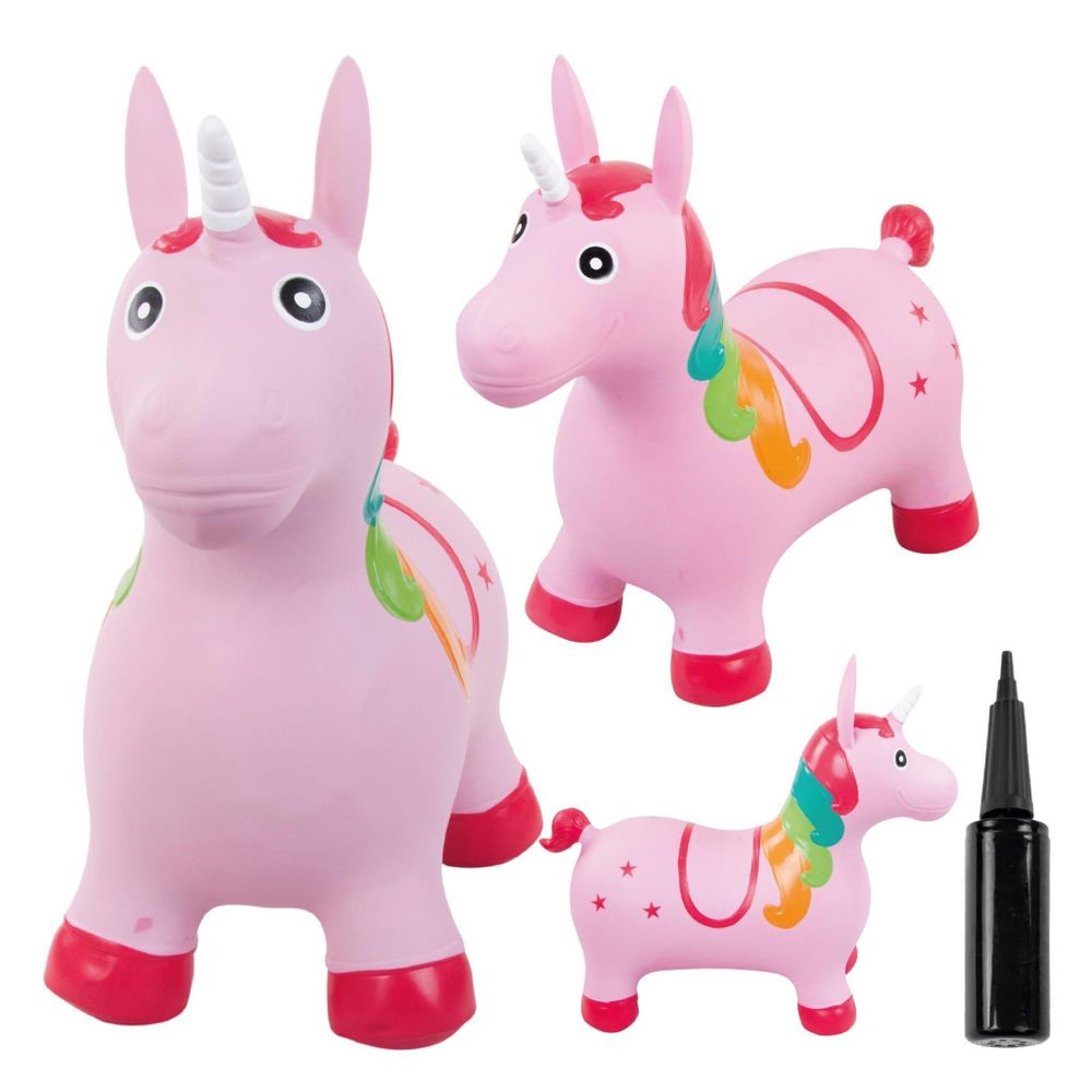 Unicornio saltarín rosa perlado con bomba incluida, diferentes vistas del producto.