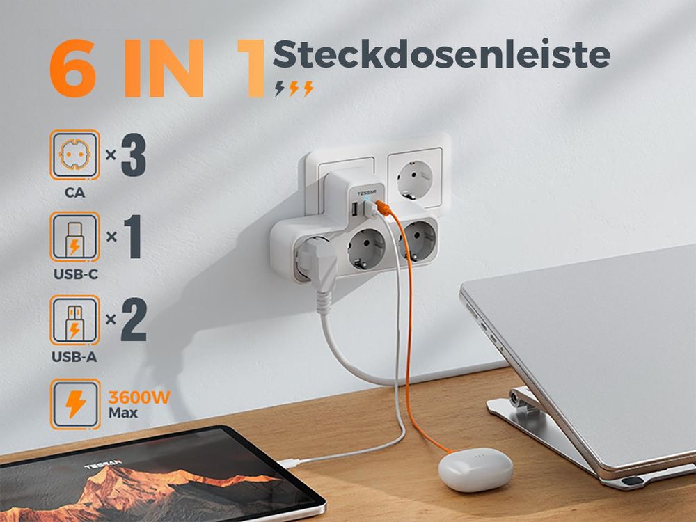 TESSAN Mehrfachstecker mit USB für Steckdose 3 Fach Steckdosenadapter mit 2 USB A und 1 USB C 3600W Mehrfachsteckdose Ladegerät Grau