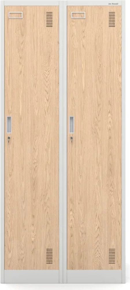 Stahlspind Garderobenschrank Spind Kleiderspind Doppelspind 2 Abteile Flügeltüren Trennwand Pulverbeschichtung 180 cm x 80 cm x 50 cm (H x B x T) Farbe: Weiß-Holzoptik