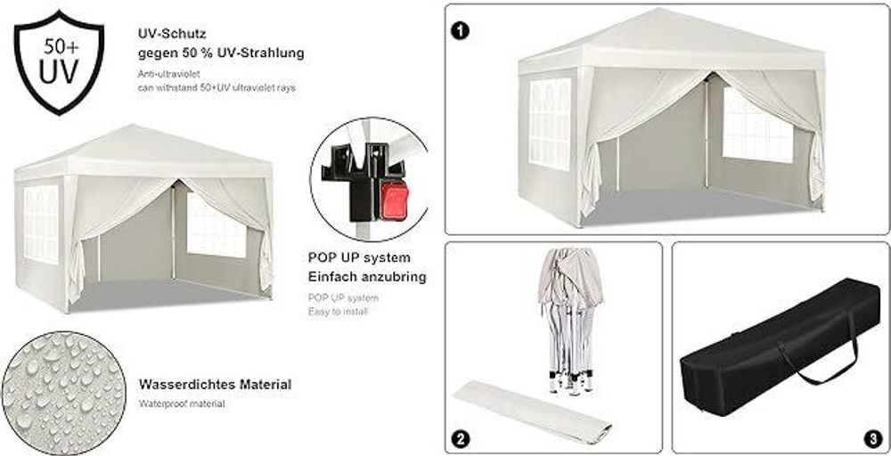 WOLTU Pavillon Pop-Up wasserdichter Faltpavillon, aus Oxford Metallrahmen 3 x 3 m Beige