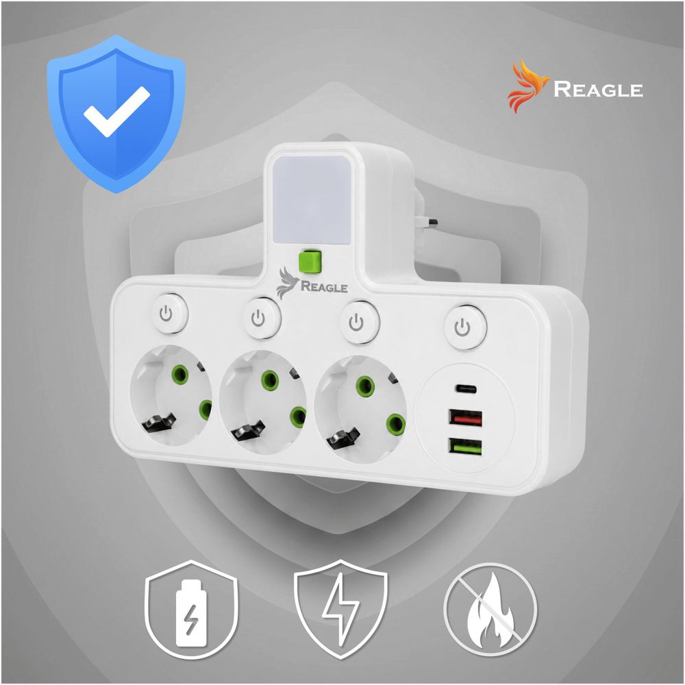 Verlängerungskabel, Steckdosenleiste, Verteiler Mit 3 Steckdosen (230 V) Und 3X Usb-Anschlüssen, Led-Lampe Reagle