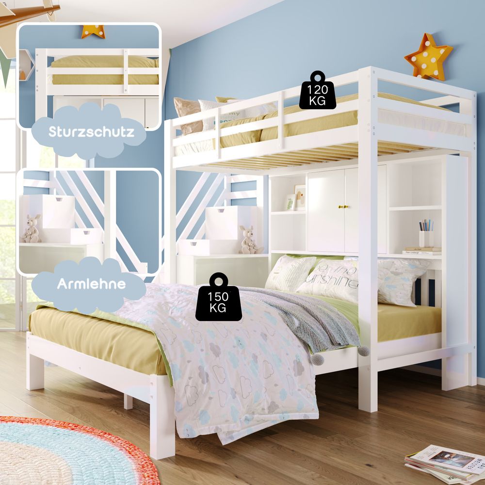 Flieks Etagenbett 90x200/140x200cm mit Regal, Hochbett Kinderbett mit Schreibtisch, Holzbett Stockbett mit Lattenrost und Rausfallschutz, Weiß