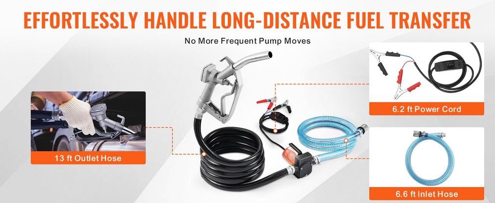 VEVOR Diesel-Transferpumpe, 12 V DC, 5,3 GPM, 1/10 PS, mit automatischer Abschaltdüse und verlängerten Schläuchen für Benzin-, Diesel-, Kerosin- und Methanolmischungen, tragbar und elektrisch