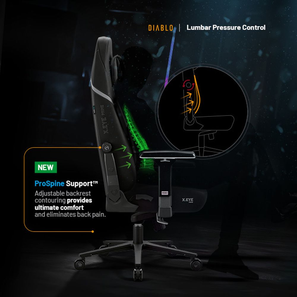 Diablo X.Eye Prime Gaming Stuhl mit Kühlfunktion Bürostuhl Schreibtischstuhl, Belastbar bis 140 kg, Größe Normal, Farbe Schwarz