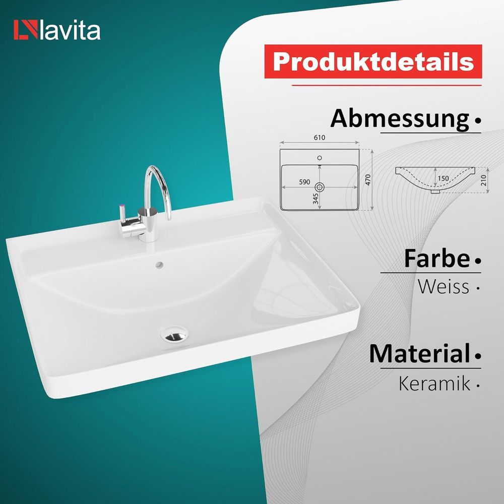 LAVITA Möbelwaschtisch Nevada 600 | Möbelwaschbecken | Waschbecken mit Überlauf und Hahnloch | Aus hochwertigem Porzellan | Waschtisch | 61x47x21 cm | Weiß Glanz