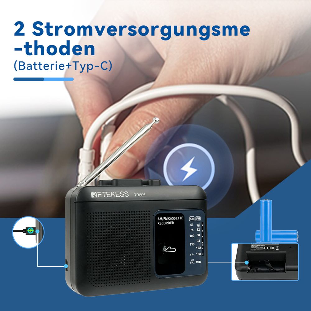 Retekess TR606 Tragbarer Kassettenspieler, FM-AM-Radio, Walkman-Kassettenrekorder, 3,5-mm-Kopfhöreranschluss, spielt alte Kassetten ab (schwarz)