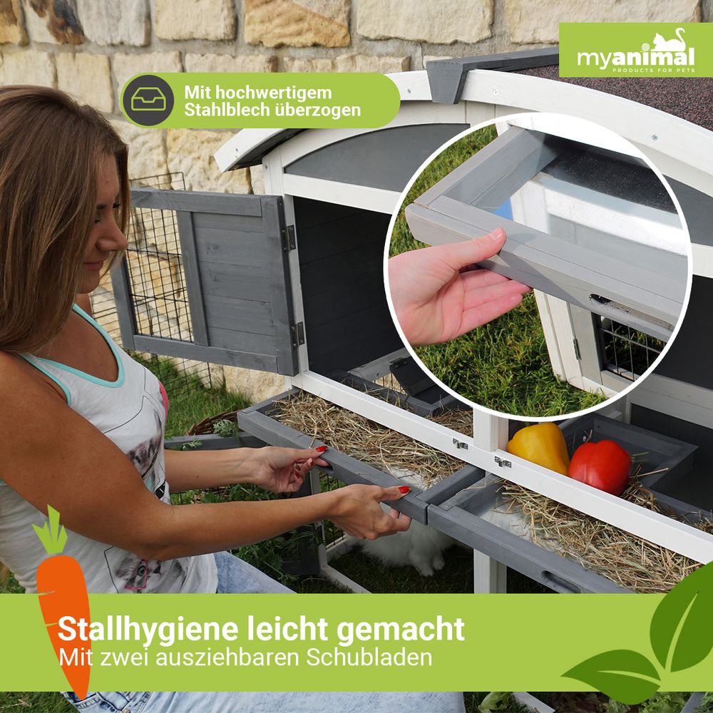 MyAnimal Hasenstall MH-33 | Hasenkäfig XXL Zweistöckig - Kaninchenstall - 4 Türen - Kleintierstall -Kaninchen - Hasen - Dach zum Öffnen (Grau/Weiß)