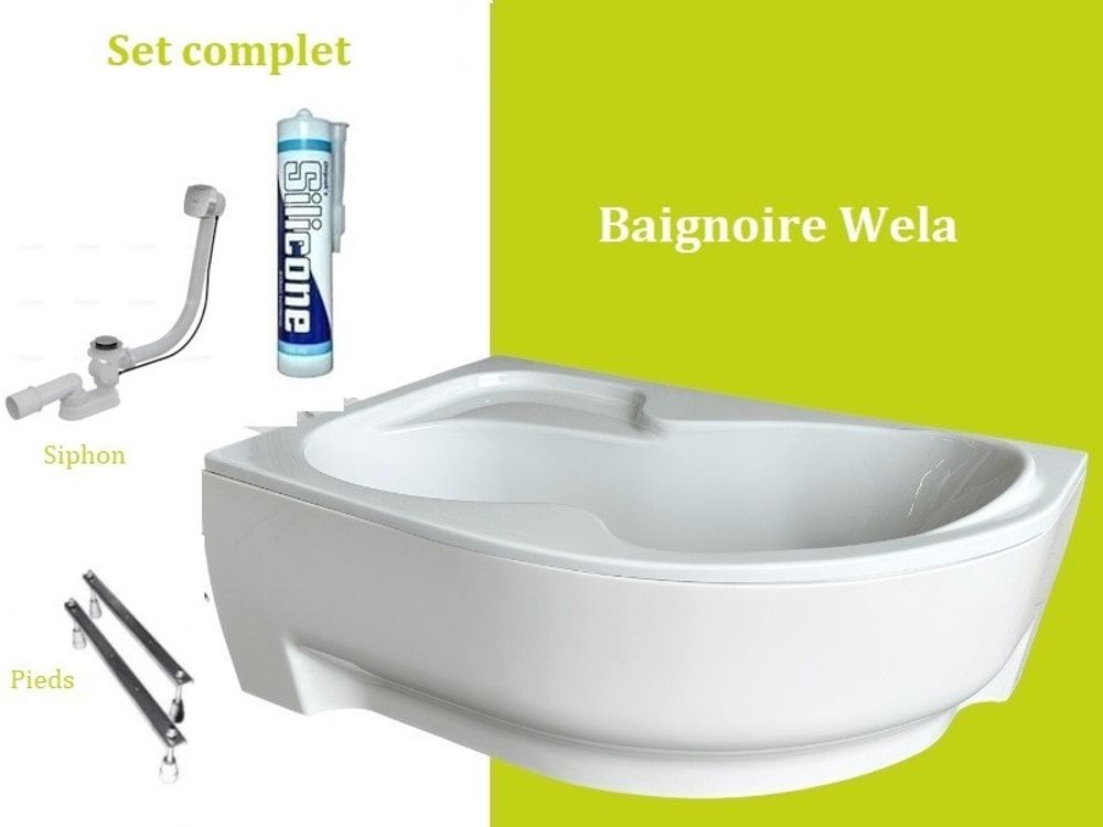 ECOLAM Baignoire d'angle Wela 160x100 cm gauche + tablier Garniture d'écoulement Pieds + silicone Set complet