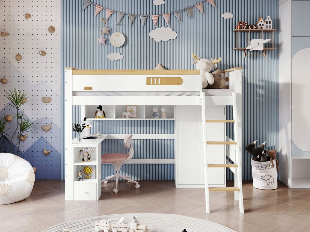 Merax Kinder-Etagenbett 90x200 cm mit Schreibtisch und Kleiderschrank, Massivholz Hochbett mit Fallschutz, Regalen und Leiter, Weiß + Natur