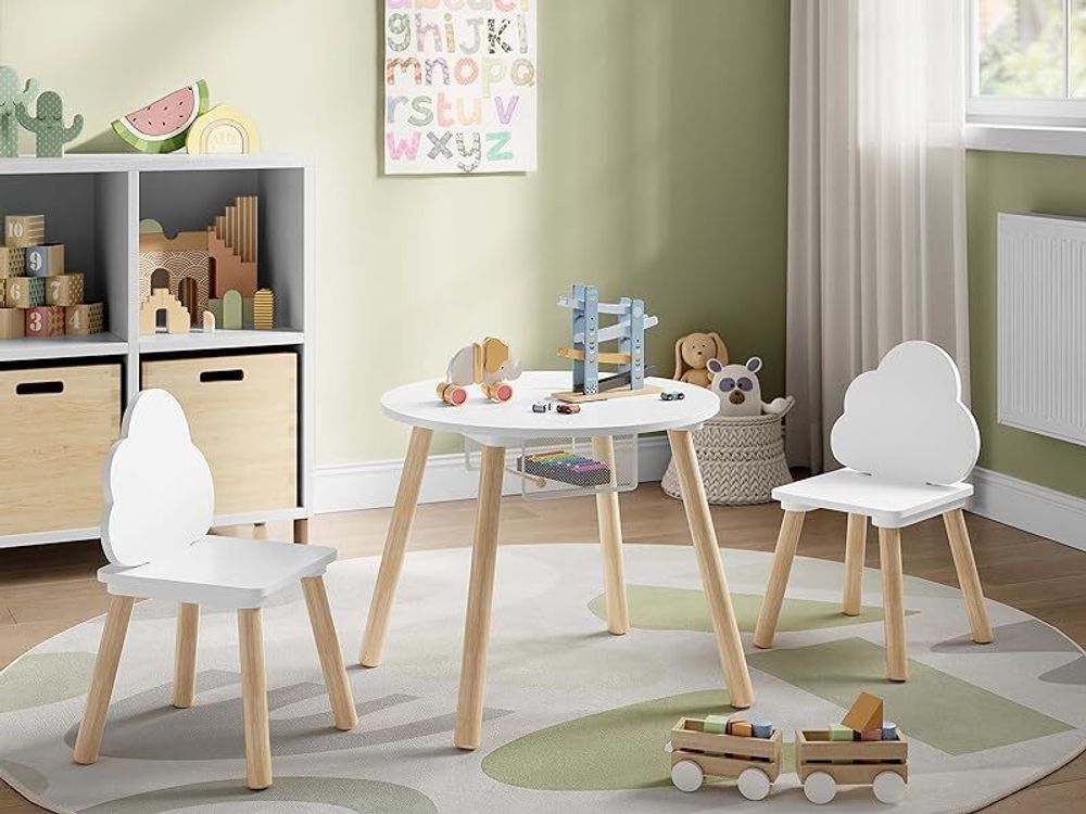 WOLTU Runder Kindertisch mit 2 Stühlen, Kindersitzgruppe mit Stauraum Netztasche
