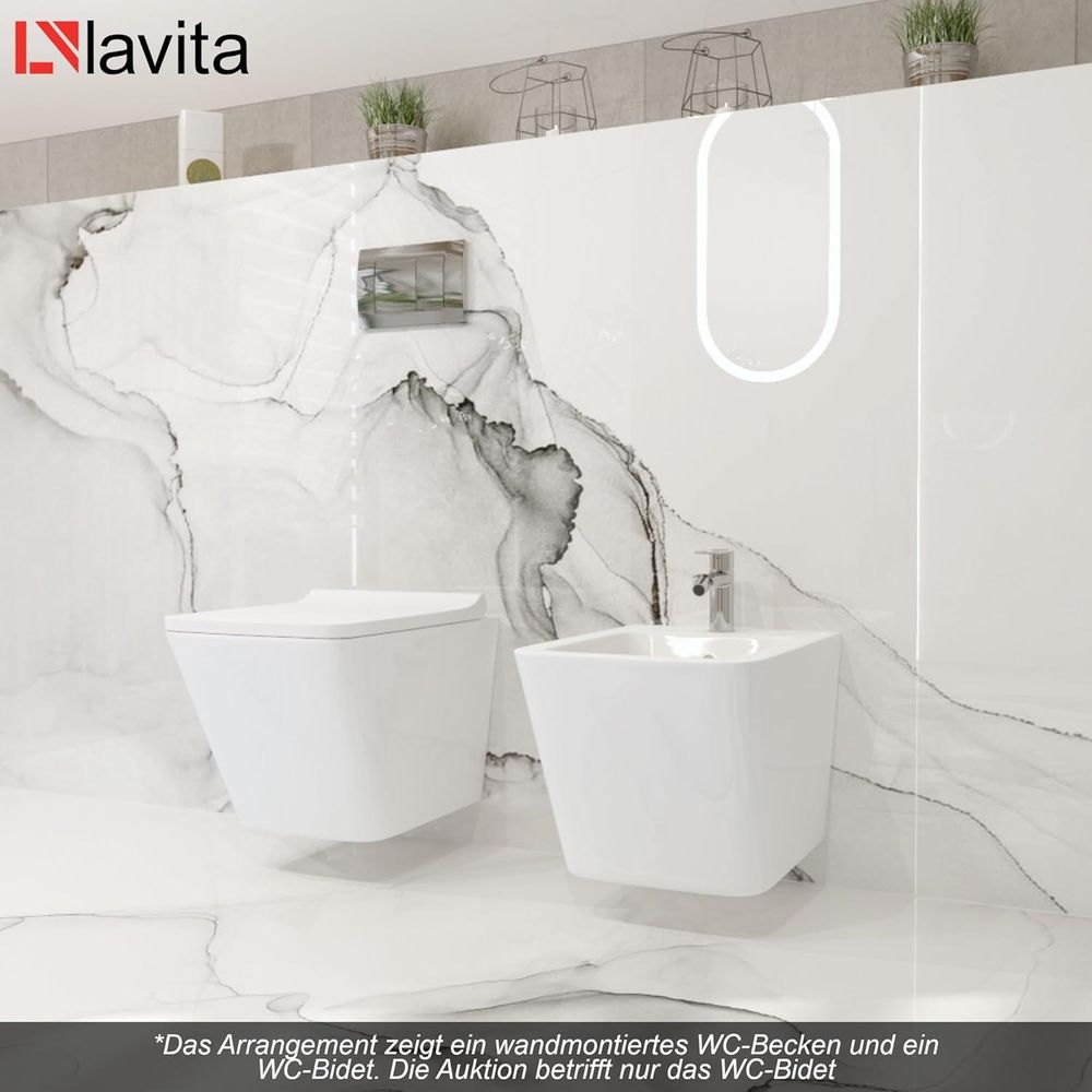 LAVITA Universal Wand-Bidet Lago mit Hahnloch und Überlaufschutz aus Keramik | Sitzwaschbecken zur Montage an der Wand | Hygienisch und Pflegeleicht | 34x48,5x32,5 cm |