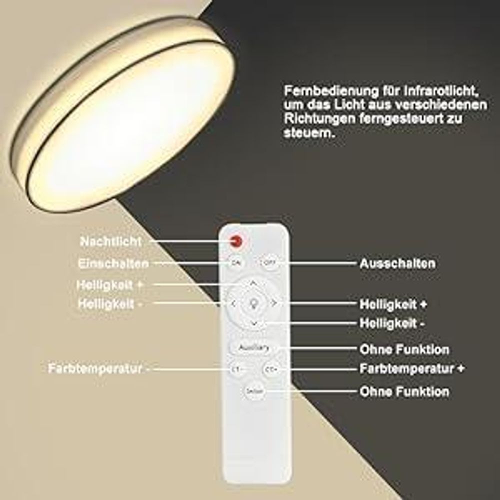 ZMH lampa sufitowa LED lampa sufitowa do salonu ściemnialna z pilotem Biała lampa do sypialni z tkaniny Okrągła lampa z kloszem z tkaniny Sypialnia Nowoczesna