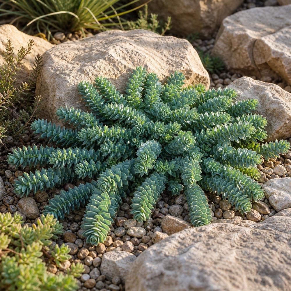 Steingarten-Szene: Polster zwischen hellen Felsen, mediterranes Licht.
