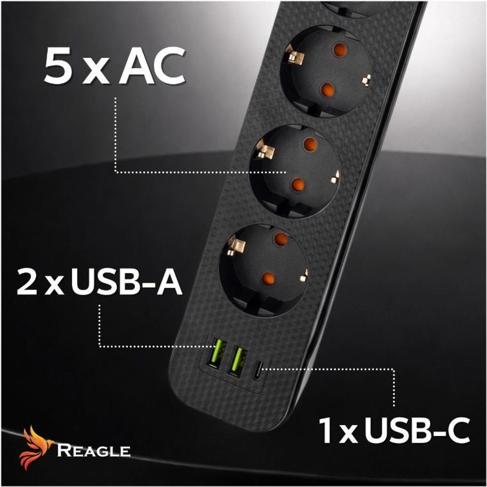 Reagle 3m Steckdosenleiste 5-fach mit 3x USB (2x USB-A, 1x USB-C), Mehrfachsteckdose, Verlängerungskabel 2500W, Schalter, Schwarz