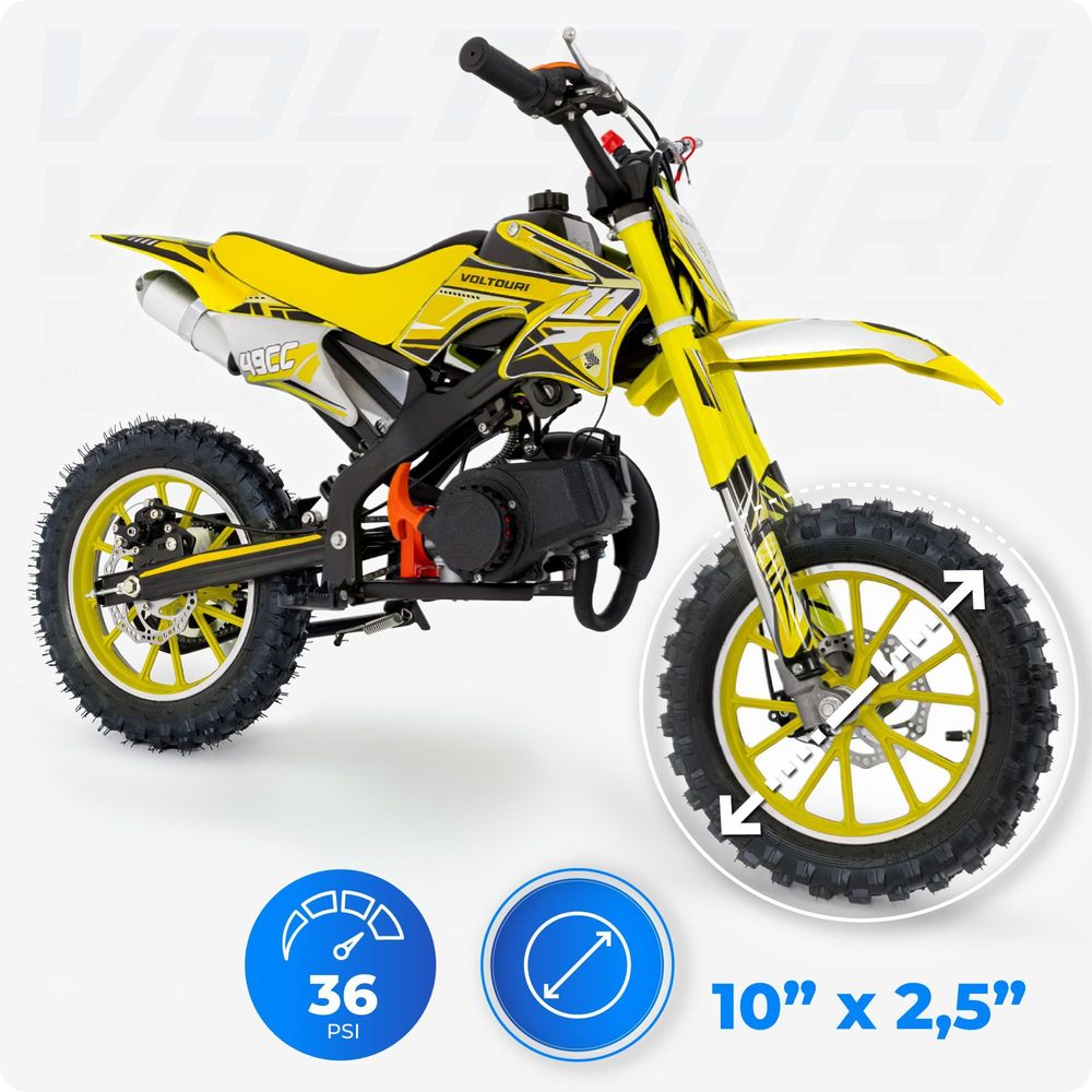 VOLTOURI CR49-YELLOW Mini Cross 49cc Benzin Motorrad für Kinder Offroad 35 km/h 10" Räder Scheibenbremsen Gelb