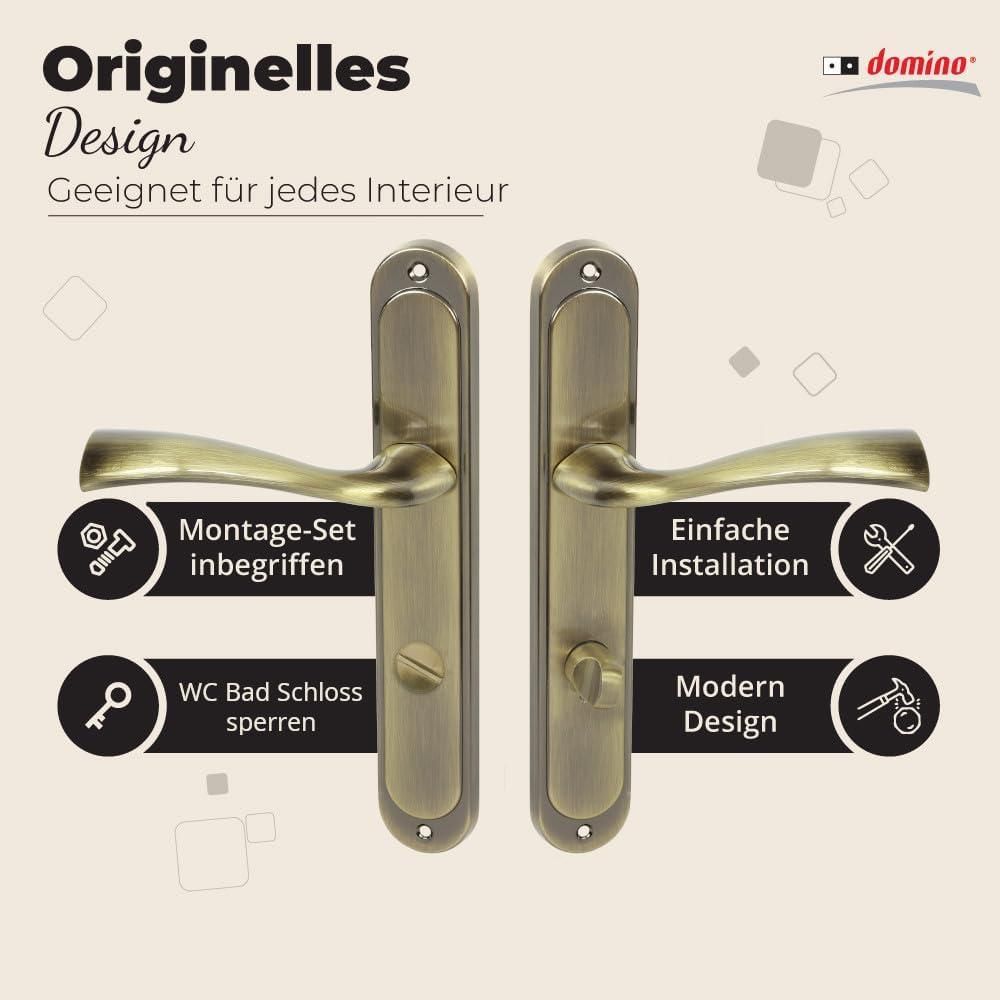 DOMINO Türgriff 78 Drückergarnitur WC - Badezimmer Set| Links & Rechts Türbeschlag für WC/Badezimmertüren | L-Form | aus Aluminium | Bronze | FLY M3 |