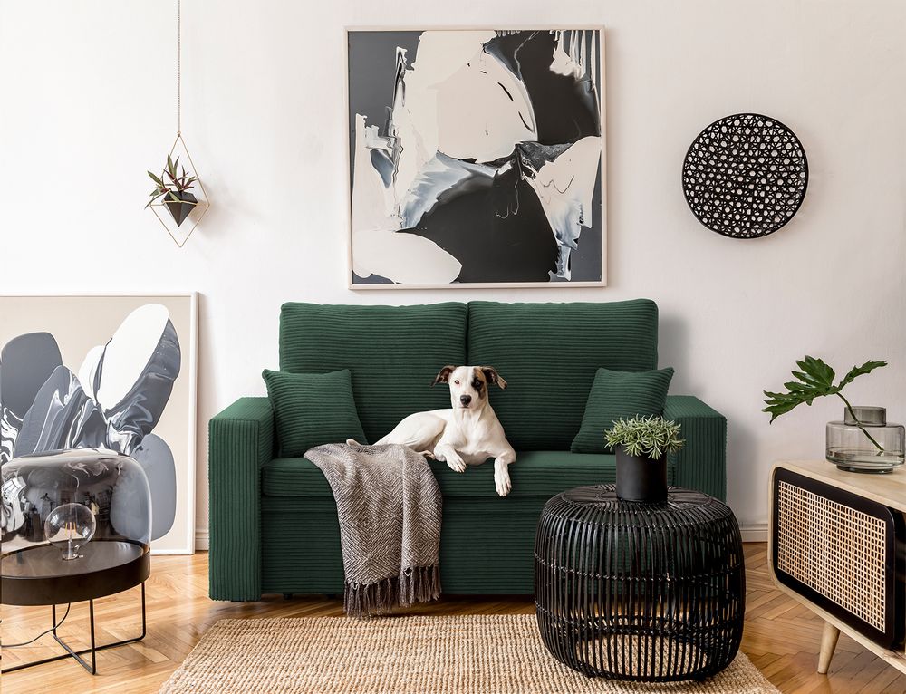 Sofa AIKIDO 150x85 - mit schlaffunktion - Farben zur Auswahl - modernen Sofa - mit Bettkasten - Moderner Cordstoff - Stoff POSO 014 Flaschengrün
