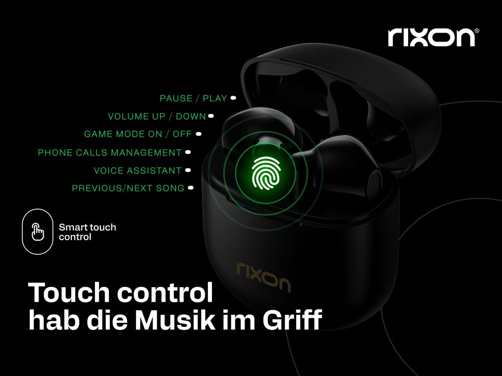 Rixon NeoBuds – Kabellose Bluetooth In-Ear Kopfhörer, 40 h Akkulaufzeit, Bluetooth 5.3, Dual ENC Mikrofone, Touch Control, USB-C Ladecase, Game Mode