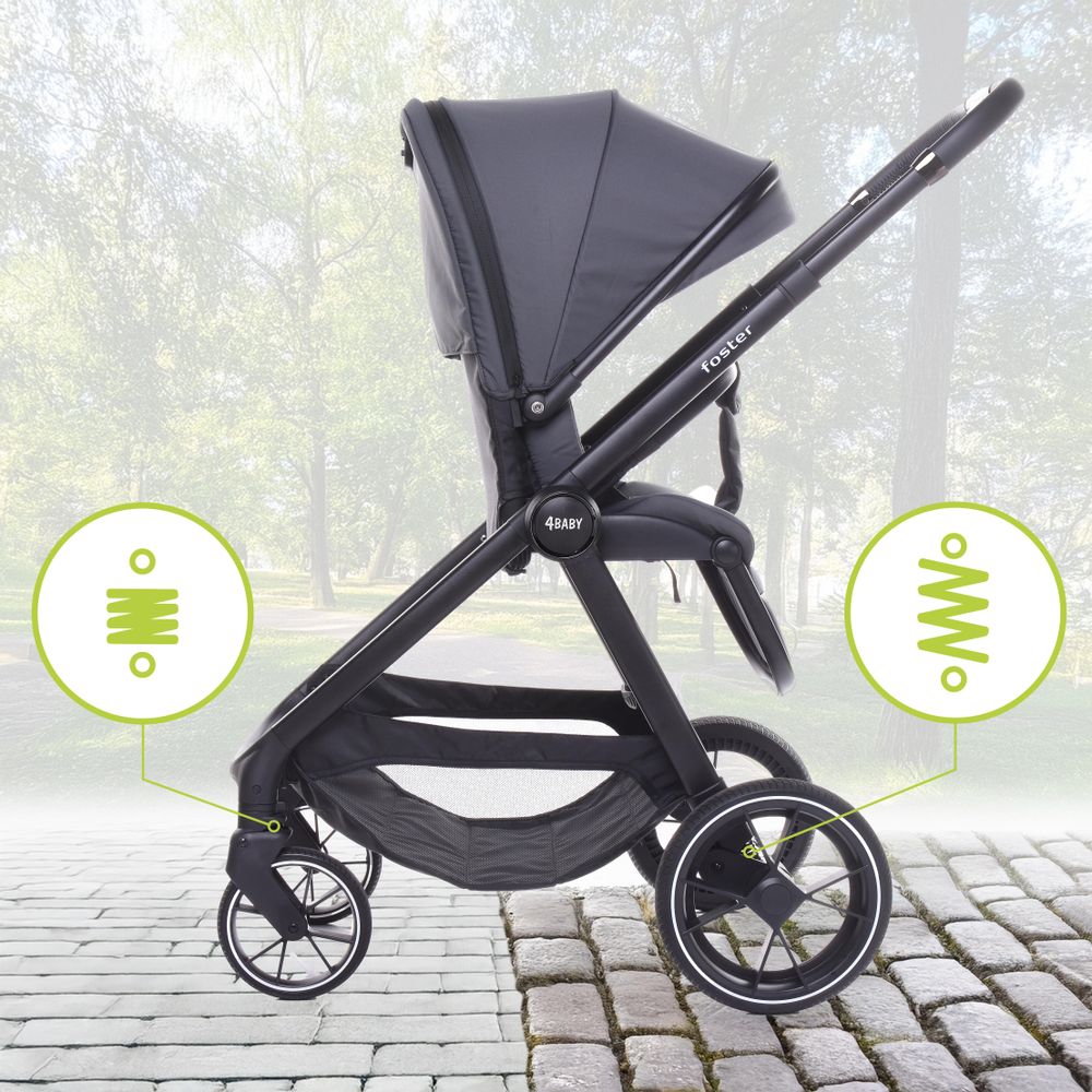 4Baby | Wózek spacerowy - Grafitowy - Obrotowe siedzisko - Lekki - Terenowy - Składany jedną ręką - duże koła - do 22 kg - Foster