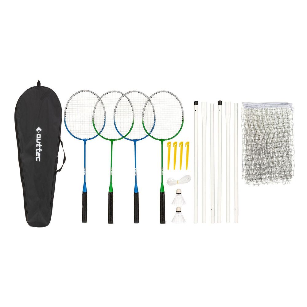Komplettes Badminton-Set mit 4 Schlägern, Netz, Stangen, Federbällen und Tragetasche