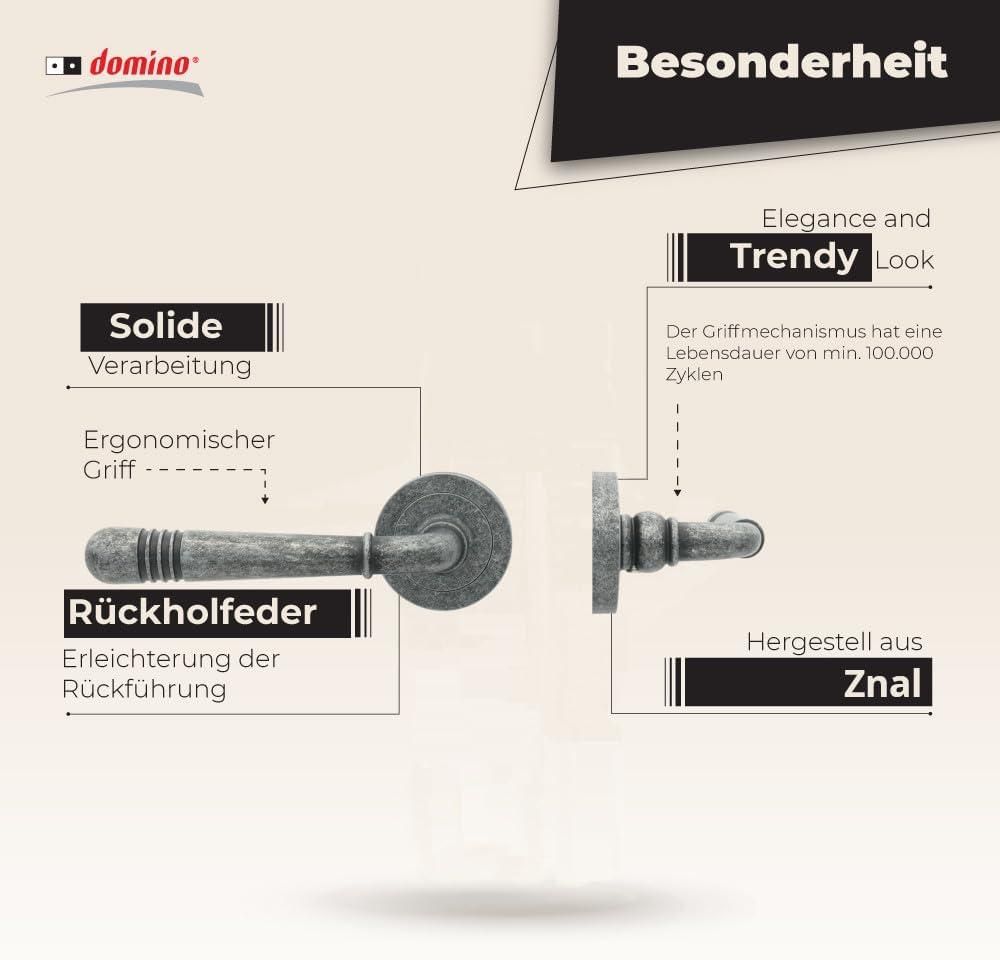 DOMINO Türgriff Drückergarnitur | Tür-klinke für Zimmertür, Bürotür, Kellertür & Innentür | Türbeschläge aus Znal | Atnike Nickel Farbe | LOFT-R M95 |