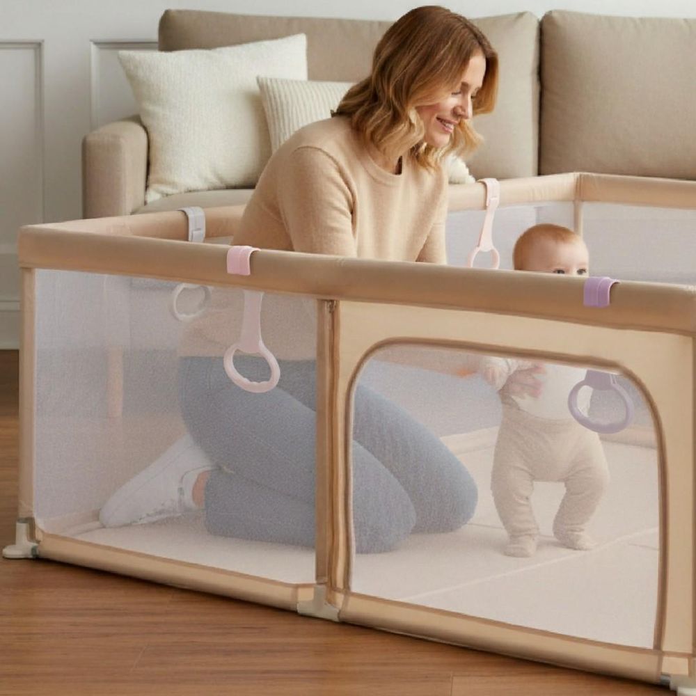Moeder en baby bij het toegangspaneel van de speelbox met handgrepen.