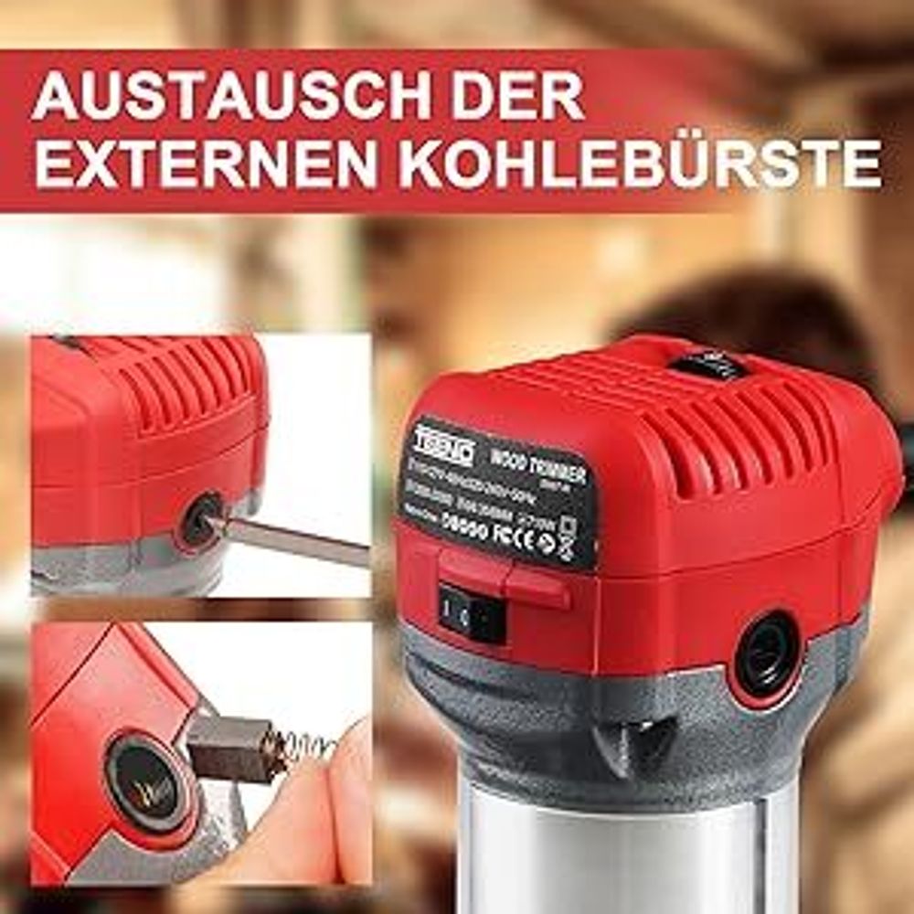 TEENO Holzfräse 710W 13000–33000 U/min mit Staubabsaugungsanschluss, 15 Stück 1/4" Fräsen Cuter, 6 Geschwindigkeiten, Spannzange 6MM, 6.35MM, 8MM
