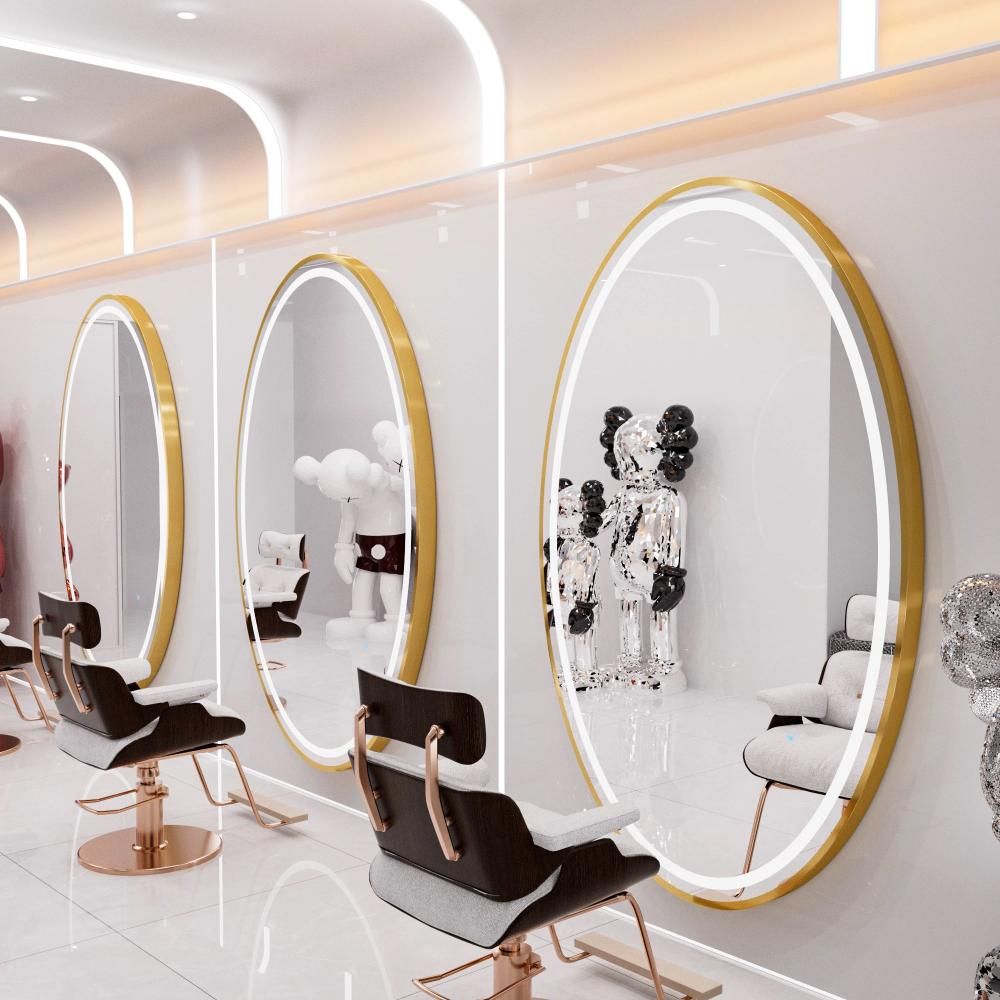 Kappersconsole met ronde gouden LED spiegel 180x90 cm, voor barbier en schoonheidssalon.