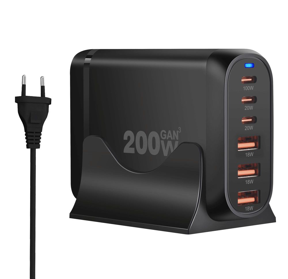 200W GaN Ladestation 6 Ports USB C PD 100W USB A QC 3.0 Schnellladegerät für MacBook Pro Laptop Smartphone Tablet PC Netzteil mit Ladestation Schwarz