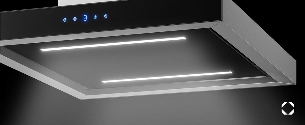 Klarstein Valeria Inselabzugshaube - Dunstabzugshaube, Inselhaube, 230W, max.650 m³/h, 3 Leistungsstufen, LED-Beleuchtung, Touch-Panel, Glas, Edelstahl, sparsam, PureAmbience Concept, silber