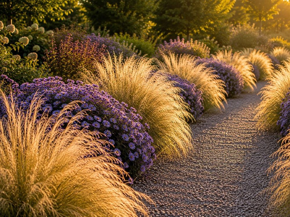 Federgras Pony Tails kombiniert mit violetten Astern im Spätsommer
