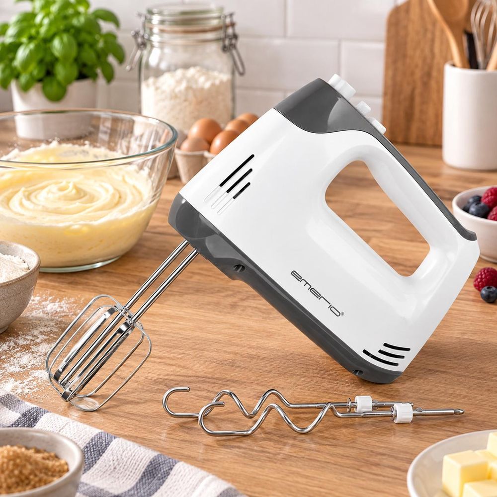 Emerio Handmixer HM-130365 – 400 W – 5 Snelheden – Turbofunctie – RVS Gardes & Kneedhaken – Wit / Grijs