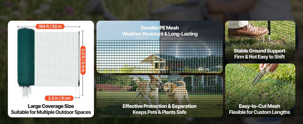VEVOR Begrenzungszaun 50x0,9 m, Weidezaun aus PE, Mobiler Hundezaun mit Doppelspitzenpfählen & Abspannseilen, Hühnerzaun, Gartenzaun, Campingzaun für Hunde, Hühner, Pflanzen, Außenbereiche