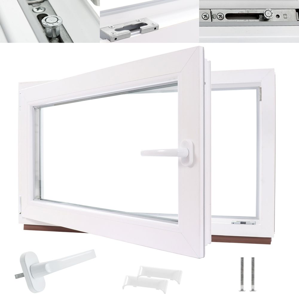 Kellerfenster Kunststofffenster weiß, BxH: 70 x 70 cm / 700 x 700 mm 2-fach Verglasung (32 mm) Dreh-Kipp inkl. Pilzkopfverriegelung, DIN Links (Griff Rechts)