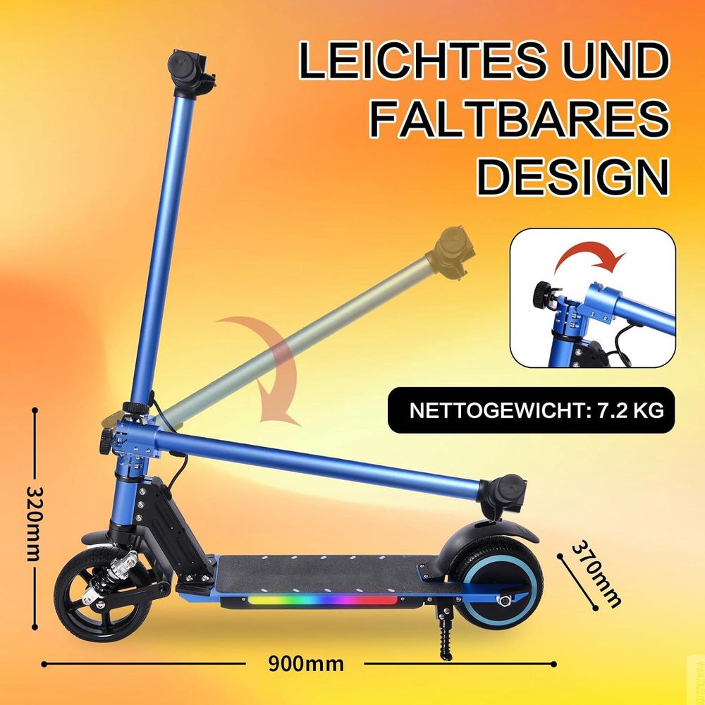 Elektroscooter S5 Blau Für Kinder mit bunten LED-Lichtern und Federdämpfung, Klappbar Elektroroller Max. Geschwindigkeit 14KM/H, Max. Belastung 70KG, E Roller Geschenk für Kinder und Jugendliche