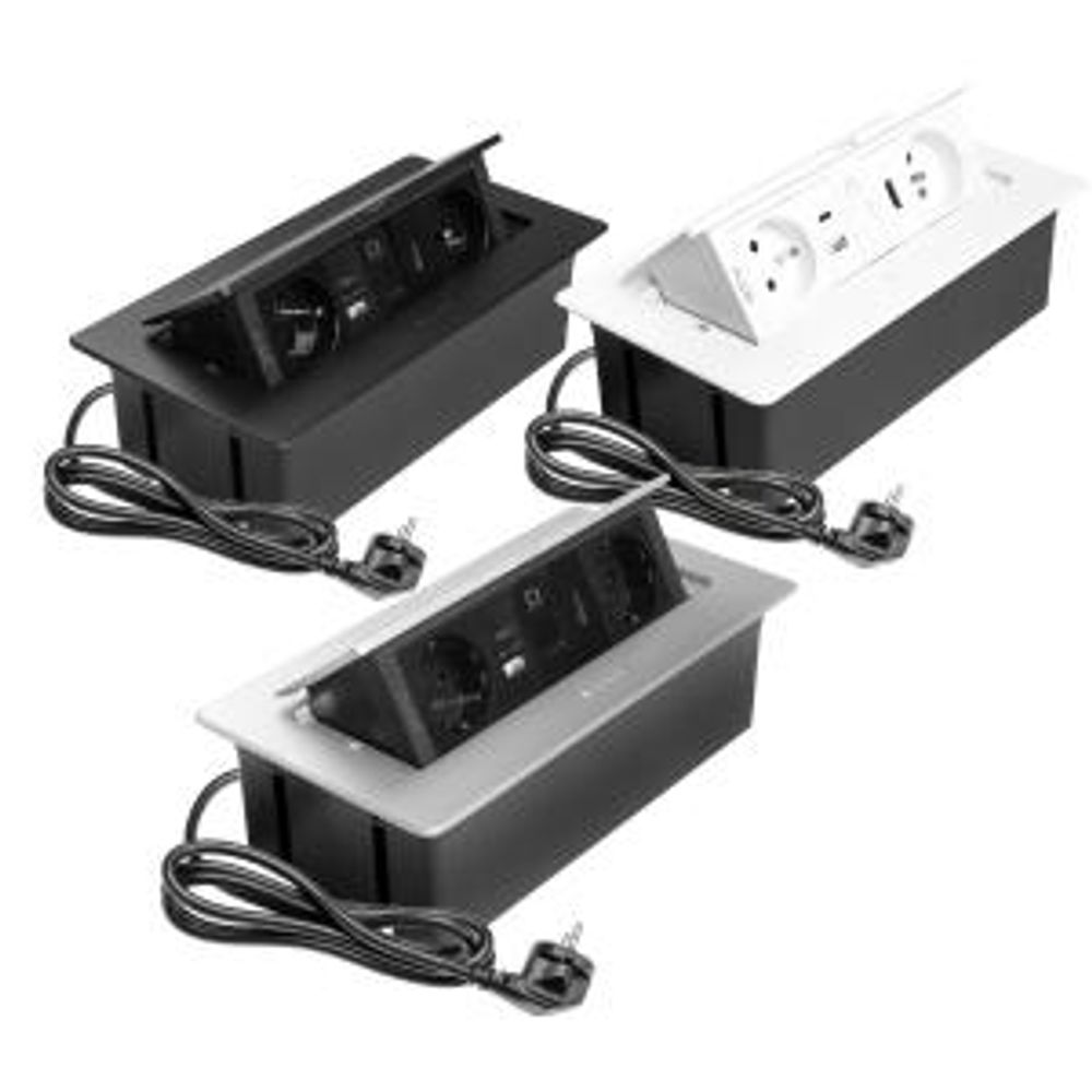 GTV - Einbausteckdose MULTISOFT schwarz mit 2x Schuko, USB A+C, RJ45, HDMI 2.0, Abdeckung, versenkbar, 1,5?m Kabel, für Schreibtisch, Konferenztisch, Küche oder Homeoffice
