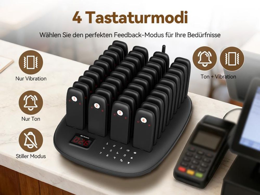Retekess TD175M Restaurant Pager System, Alarmanlagen, 800 m, 18 Stunden Standby-Zeit , 7 Anrufmodi, One-Touch-Stummschaltung,  40 Mini-Pager für Café