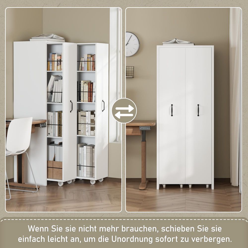 Weißes MDF Regal mit Rollen und flexiblen Seiten