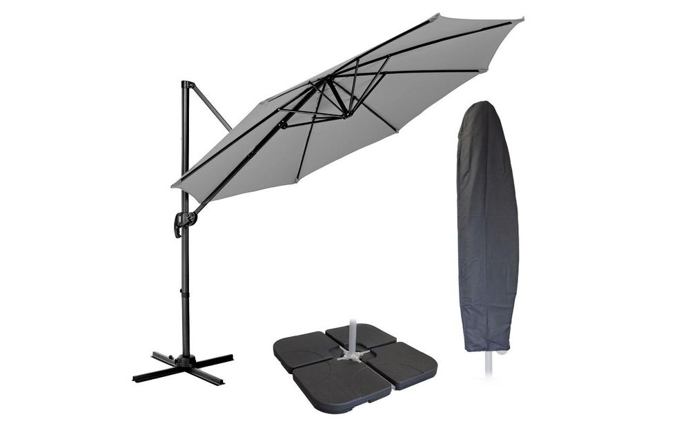 Sonnenschirm mit Abdeckhaube und Sonnenschirmständer