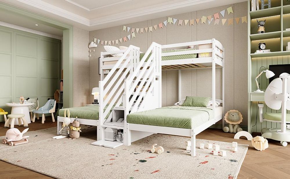 Merax Etagenbett 90x200cm , 3 Betten für Kinder, mit Stauraumleiter, Nachttisch mit Schubladen, Geländer, Stockbett Massivholz, Jugendbett, Weiß