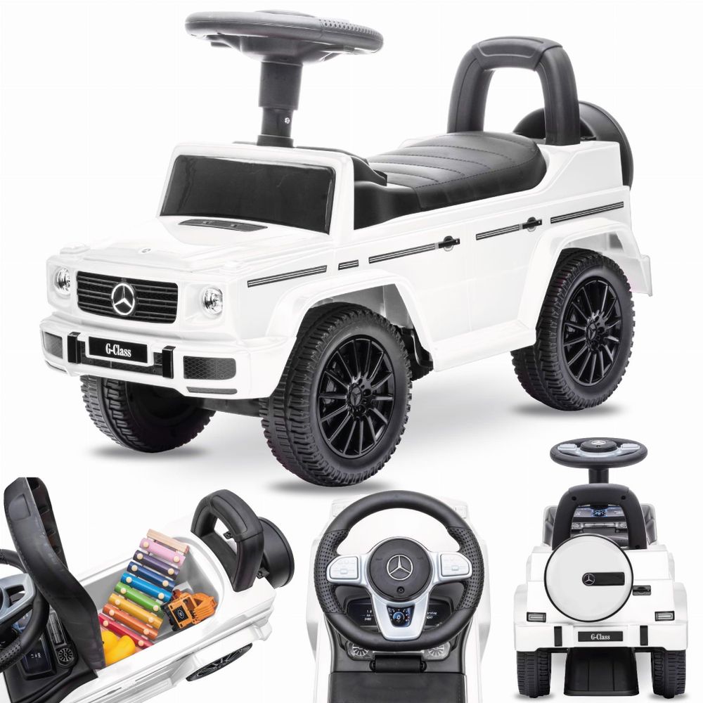 Cavalcabile bianco stile Mercedes-Benz G 350d visto frontalmente e dettagli