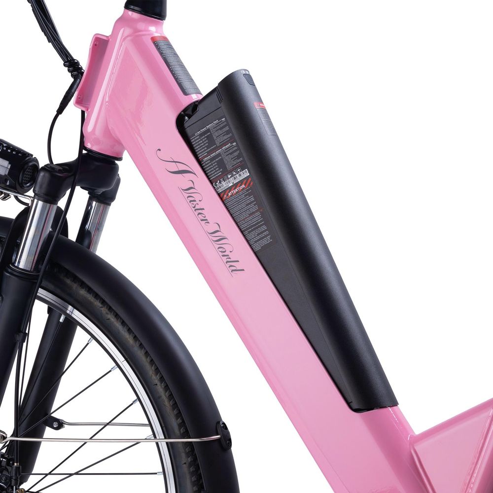 AVDL A32 elektrische stadsfiets, roze, 26 inch, 460 Wh accu, 250 W motor, Shimano 7 versnellingen, schijfremmen, lcd-display